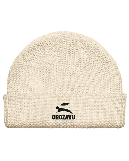 Grozavu Fisherman Beanie in ribbed acrylic knit, Ecru, front angle