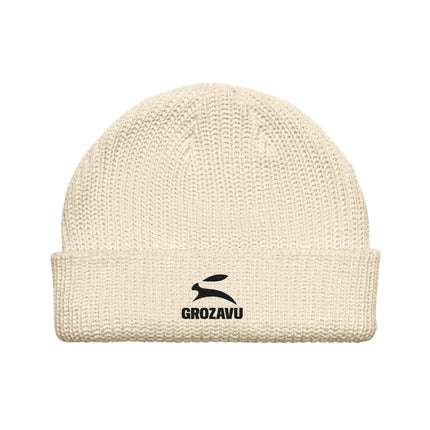 Grozavu Fisherman Beanie in ribbed acrylic knit, Ecru, front angle