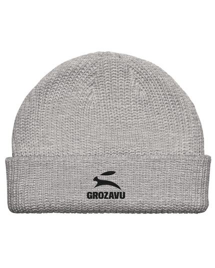 Grozavu Fisherman Beanie in ribbed acrylic knit, Athletic Heather, front
