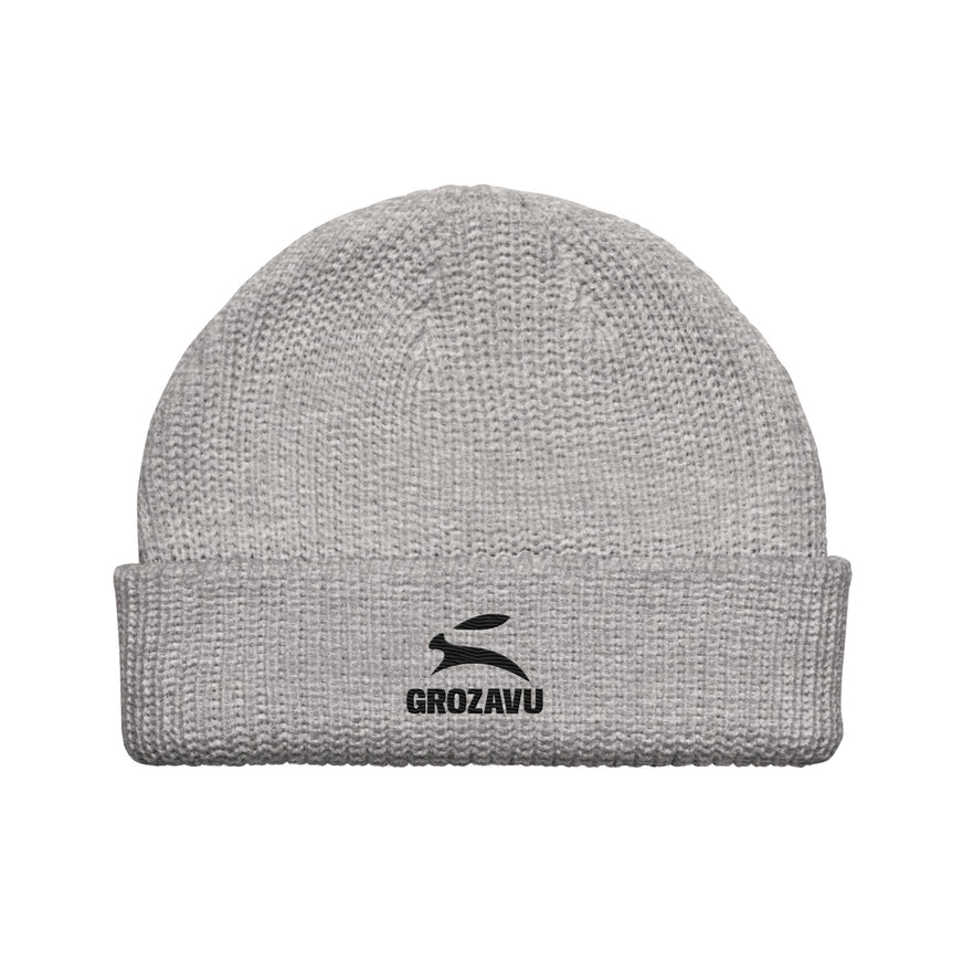 Grozavu Fisherman Beanie in ribbed acrylic knit, Athletic Heather, front