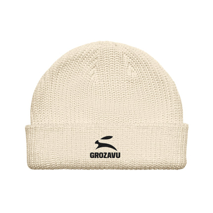 Grozavu Fisherman Beanie in ribbed acrylic knit, Ecru, front angle