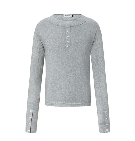 Fitted Long Sleeve Deconstructed TShirt in gray with button detailing for stylish everyday wear.