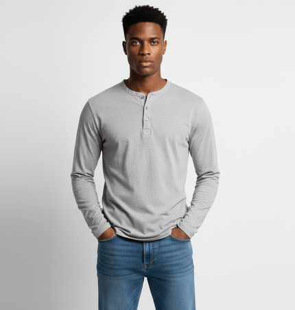 Fitted Long Sleeve Deconstructed TShirt on a model, showcasing a stylish gray design for modern streetwear.