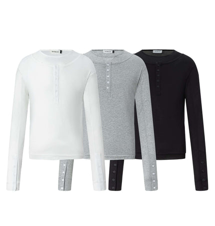 Fitted Long Sleeve Deconstructed TShirt in white, grey, and black showcasing modern streetwear style.