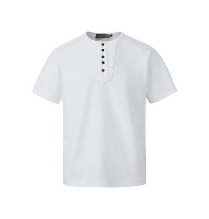 Five-Button Henley TShirt – Loose Fit in white with round neckline and five-button placket.