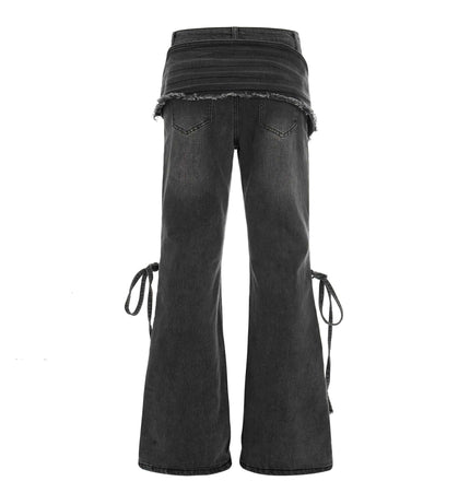 Flared Denim Style Casual Pants showcasing rear view design with flared legs and tied straps.