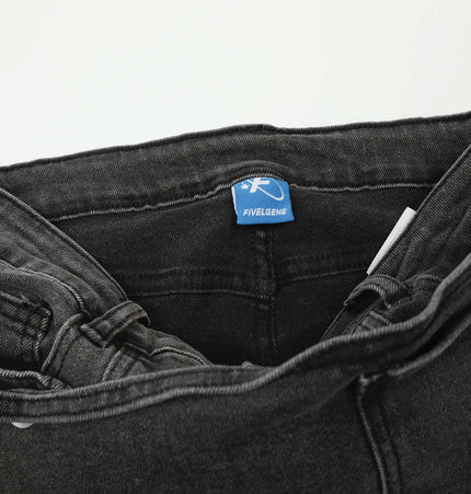 Flared Denim Style Casual Pants top view showcasing waistband and decorative denim design.