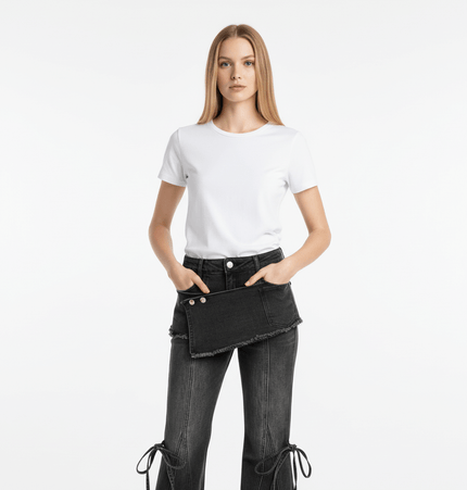 Stylish model in a white tee showcasing Flared Denim Style Casual Pants with pockets and trendy design.