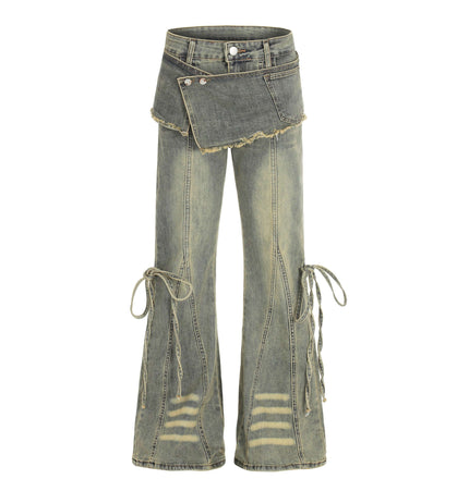 Flared Denim Style Casual Pants featuring a unique design with flared legs and decorative elements for a trendy look.