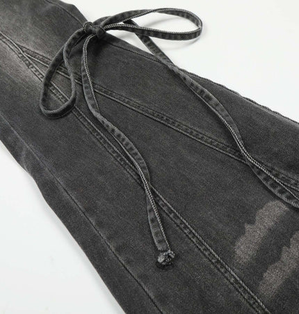 Flared Denim Style Casual Pants close-up of waistband and tie detail showcasing urban edgy design.