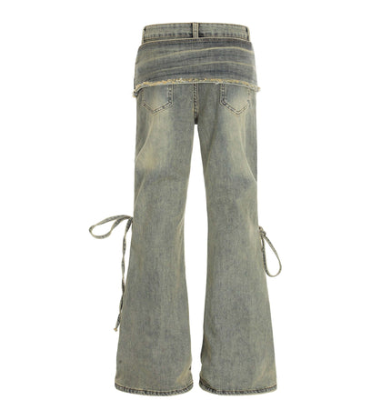 Back view of Flared Denim Style Casual Pants with a wide leg and decorative denim-inspired design.