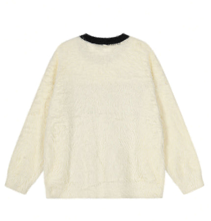 Fleece Letter Pullover Sweater – Loose Fit in soft cream fabric with a relaxed style and round neckline.