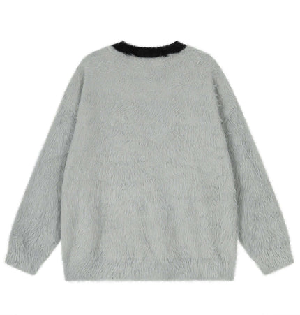Fleece Letter Pullover Sweater – Loose Fit in soft gray with relaxed fit and comfortable texture.