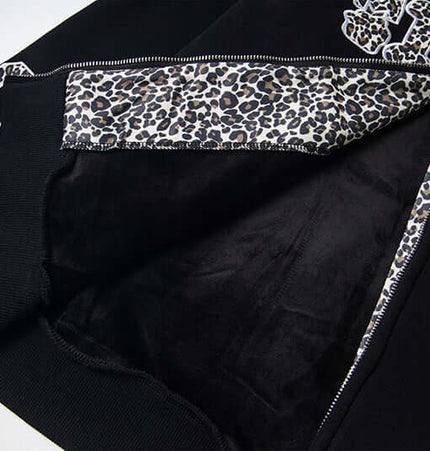 Fleece Lined Leopard Ears Hoodie showcasing its soft fleece lining and playful leopard print details.