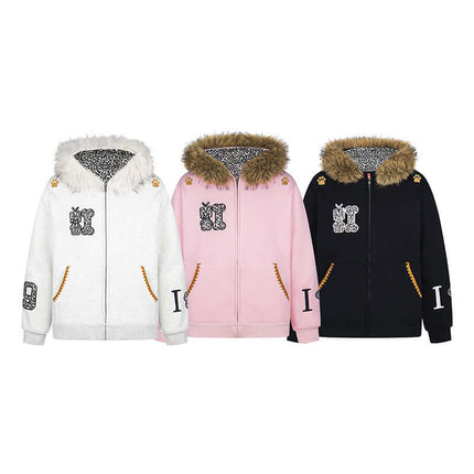 Fleece Lined Leopard Ears Hoodie in white, pink, and black colors, featuring stylish leopard ear hood design for women.