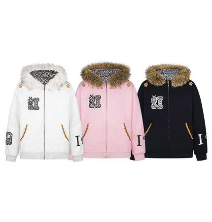 Fleece Lined Leopard Ears Hoodie in white, pink, and black colors, featuring stylish leopard ear hood design for women.