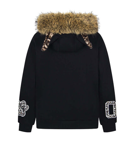 Fleece Lined Leopard Ears Hoodie showing the back design with leopard ears and fur trim.