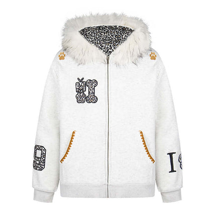 Fleece Lined Leopard Ears Hoodie featuring a cozy design with leopard ear details and stylish patches.