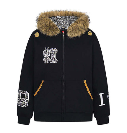 Fleece Lined Leopard Ears Hoodie featuring a unique hood and playful details for cozy style.
