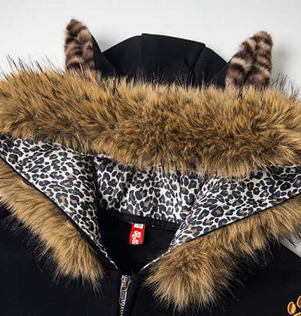 Fleece Lined Leopard Ears Hoodie showing leopard ear hood and cozy faux fur lining.