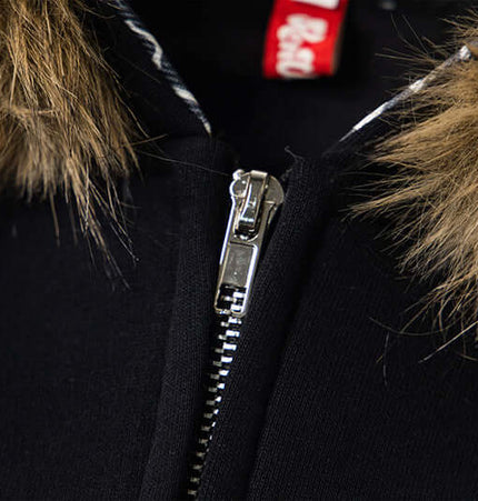 Close-up of the zipper and faux fur trim on the Fleece Lined Leopard Ears Hoodie, showcasing detailed craftsmanship.