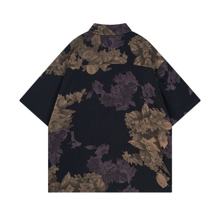 Floral Short Sleeve Shirt – Loose Fit with bold floral print and relaxed fit, showcasing a vintage style.