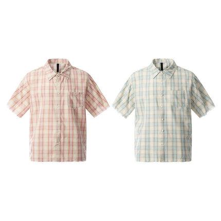 Frayed Hem Checkered Shirt - Loose Fit in pink and blue checkered patterns, casual summer style for men and women.