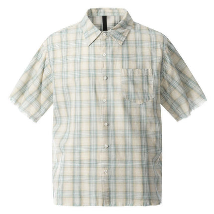 Frayed Hem Checkered Shirt - Loose Fit featuring a classic checkered pattern and relaxed short sleeves.