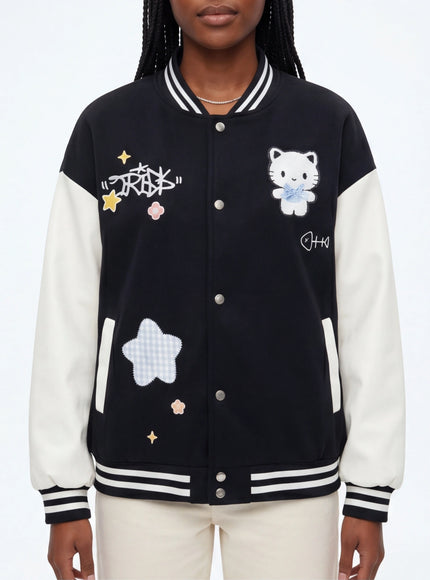 Chaqueta de Béisbol Linda con Bordado de Gato Imprescindible