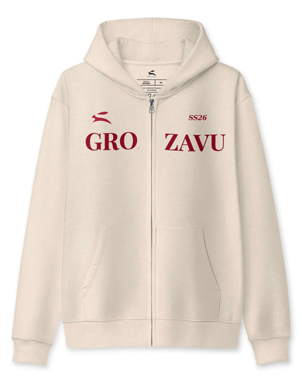 Grozavu full-zip hoodie in 339 g/m2 three-end fleece, metal zip