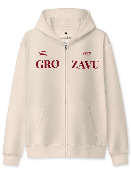 Grozavu full-zip hoodie in 339 g/m2 three-end fleece, metal zip