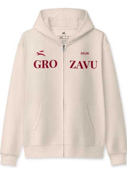 Grozavu full-zip hoodie in 339 g/m2 three-end fleece, metal zip
