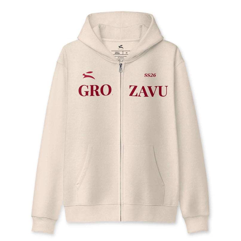 Grozavu full-zip hoodie in 339 g/m2 three-end fleece, metal zip