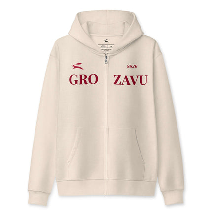 Grozavu full-zip hoodie in 339 g/m2 three-end fleece, metal zip