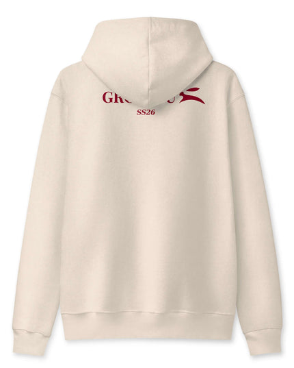 Beige full-zip hoodie in 339 g/m² three-end fleece, studio back view