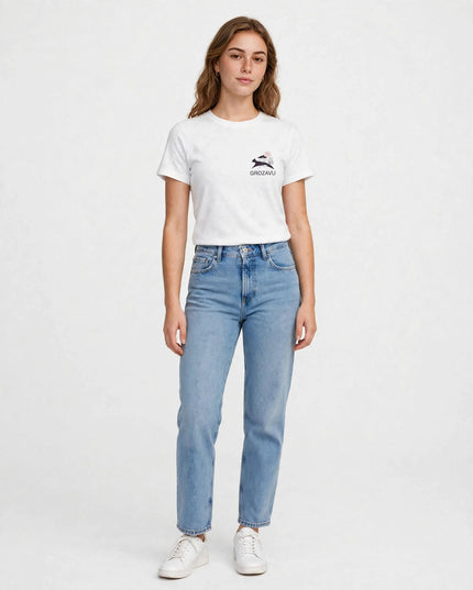 Full-body studio shot of the White straight-cut cotton tee
