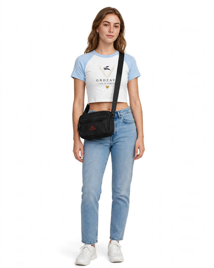 Full-body studio shot wearing the utility crossbody, 23 x 16 cm