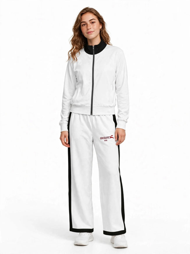 Women's wide-leg pants in 300 g/m² cotton stretch, full-body studio shot