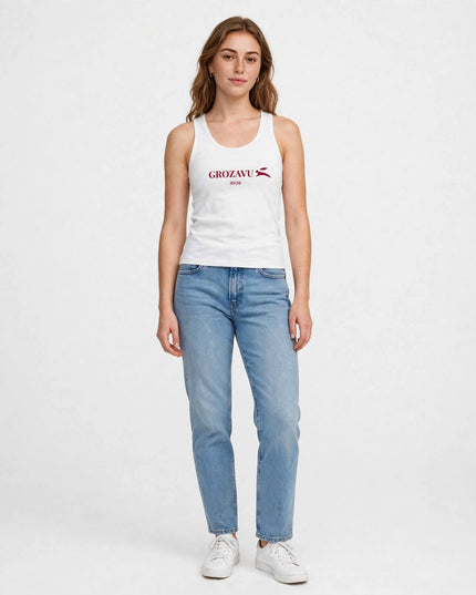 Full-body studio shot of the white side-seamed tank top