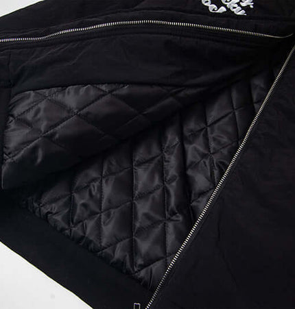 Fur Collar Embroidered Hooded Cotton Coat showcasing its quilted black interior and stylish embroidered details.