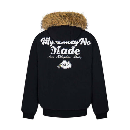 Fur Collar Embroidered Hooded Cotton Coat with fur trim and embroidered details on the back.