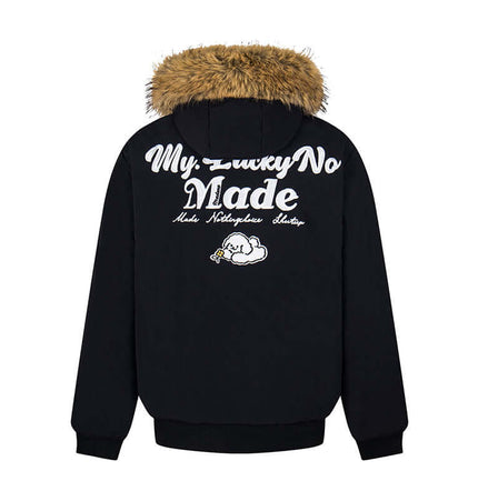 Fur Collar Embroidered Hooded Cotton Coat with fur trim and embroidered details on the back.