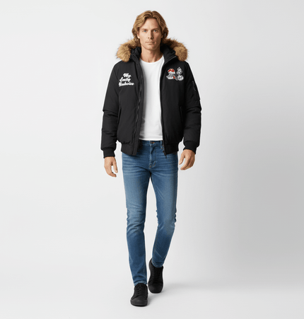 Fur Collar Embroidered Hooded Cotton Coat on a model, featuring fur collar and embroidered details.