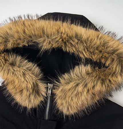 Fur Collar Embroidered Hooded Cotton Coat featuring a plush fur-lined hood for added warmth and style.