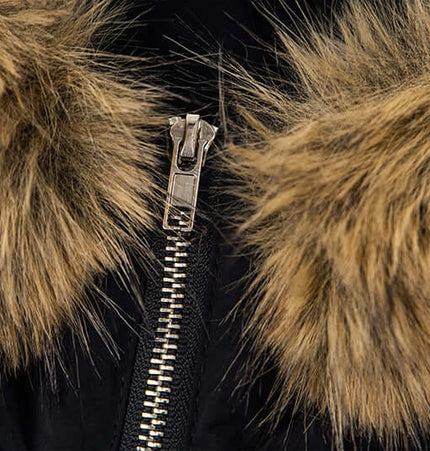 Fur Collar Embroidered Hooded Cotton Coat close-up of fur collar and zipper detail