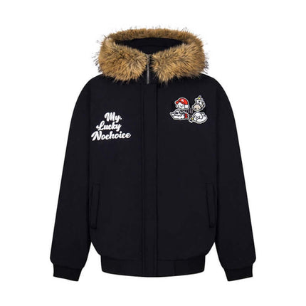 Fur Collar Embroidered Hooded Cotton Coat featuring cartoon embroidery and fur trim for style and warmth.