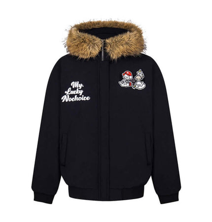 Fur Collar Embroidered Hooded Cotton Coat featuring cartoon embroidery and fur trim for style and warmth.