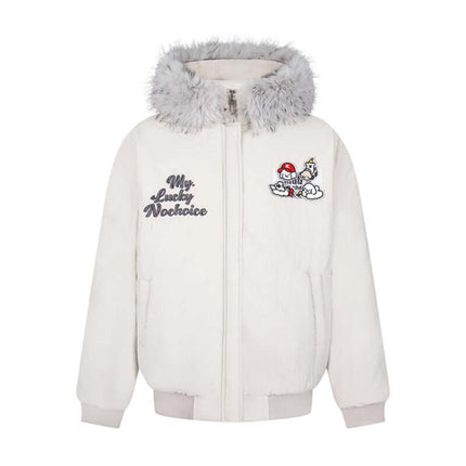 Fur Collar Embroidered Hooded Cotton Coat with thick fur and playful embroidery details.