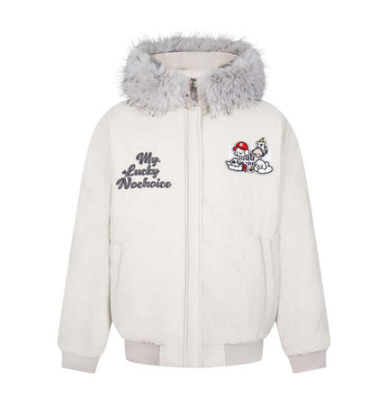 Fur Collar Embroidered Hooded Cotton Coat with thick fur and playful embroidery details.