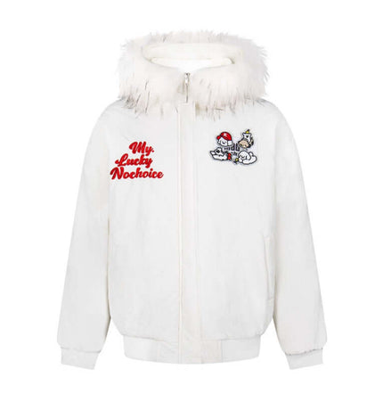 Fur Collar Embroidered Hooded Cotton Coat featuring embroidery and a fluffy hood, perfect for urban streetwear.